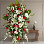 Corona funeraria grande con rosas rojas, lirios y gerberas blancas sobre caballete de madera en interior elegante