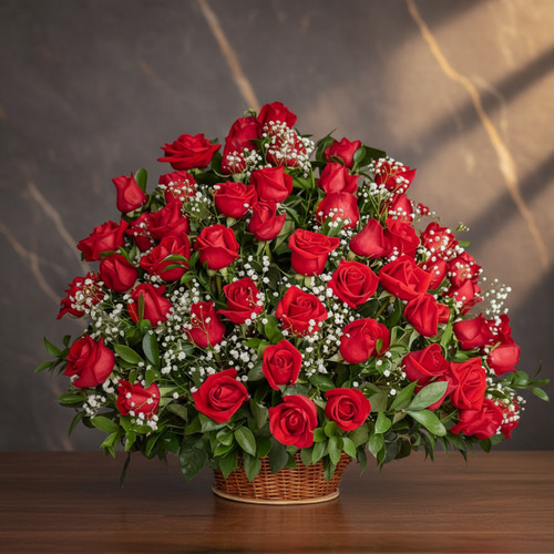 Arreglo floral de rosas rojas en canasta de mimbre Canasta de mimbre sobre mesa de madera con gran arreglo de rosas rojas y flores blancas pequeñas frente a fondo marmoleado oscuro