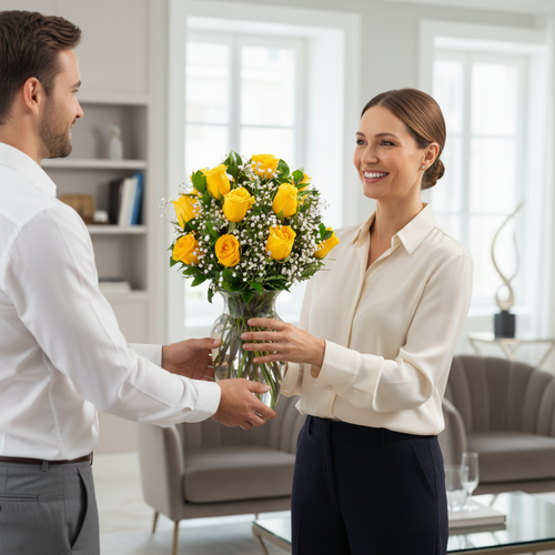 Hombre joven entrega a una mujer un ramo de rosas amarillas con paniculata en un jarrón de cristal dentro de una sala de estar luminosa y moderna