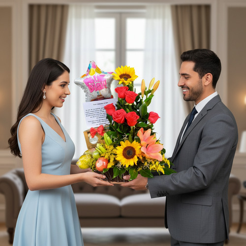 Hombre con traje y mujer con vestido celeste se miran sonriendo mientras sostienen juntos un arreglo floral de cumpleaños con girasoles, rosas y globo en forma de estrella en una sala de estar elegante