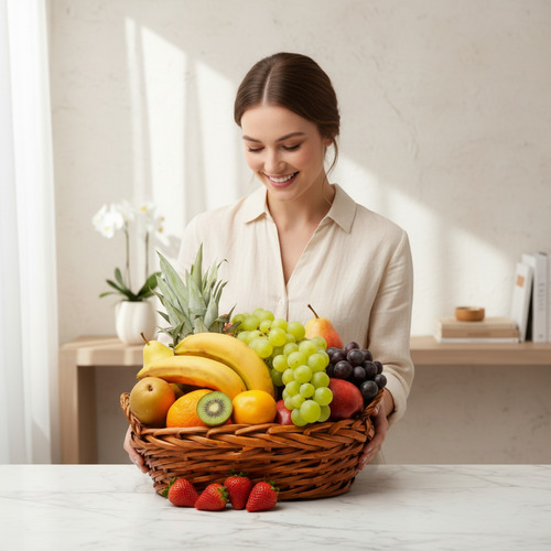 Mujer joven sonriendo mientras sostiene una canasta de mimbre llena de frutas variadas sobre una encimera blanca