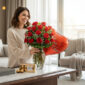 Mujer joven arreglando un gran ramo de rosas rojas en un jarrón de cristal junto a un globo rojo con forma de corazón y una caja de bombones sobre una mesa en una sala de estar luminosa