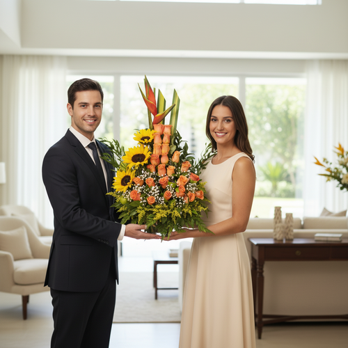 Hombre con traje oscuro y mujer con vestido beige sostienen un gran arreglo floral con girasoles y flores naranjas en una sala de estar moderna y luminosa