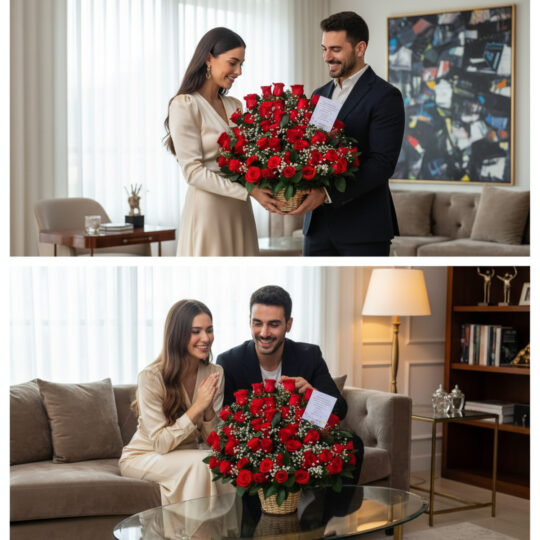 Collage con dos fotos de una pareja joven en una sala elegante sosteniendo y admirando un gran arreglo de rosas rojas en canasta de mimbre sobre fondo de muebles modernos
