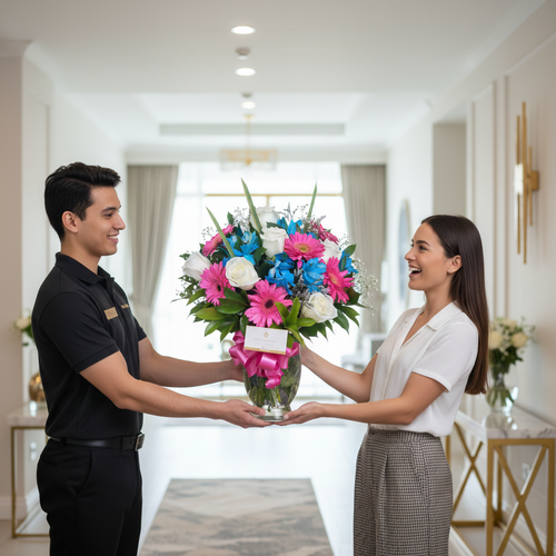 Empleado entrega a mujer joven un gran ramo de flores rosas, azules y blancas en jarrón de cristal dentro de una sala luminosa y moderna