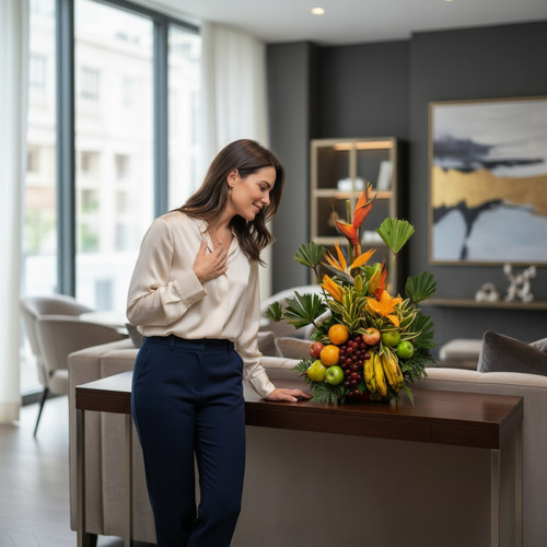 Mujer joven de pie junto a una mesa de madera con un arreglo de frutas tropicales y flores exóticas en una sala de estar moderna y luminosa