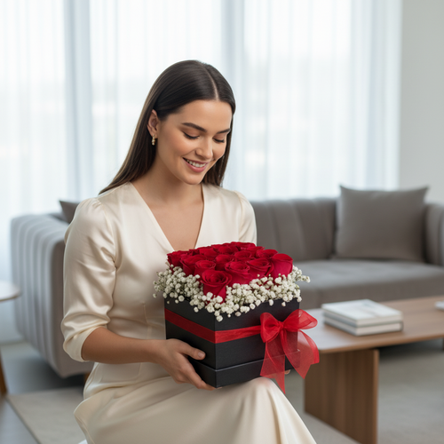 Mujer joven con vestido beige sosteniendo una caja cuadrada negra con rosas rojas y flores blancas decorada con lazo rojo, sentada en una sala de estar luminosa