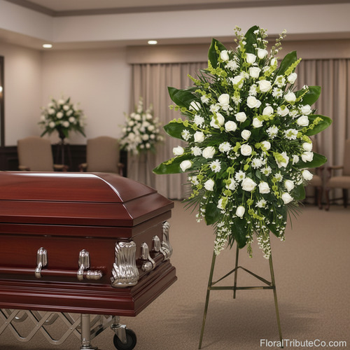 Arreglo floral funerario de flores blancas sobre caballete metálico junto a ataúd de madera barnizada en una sala de velatorio