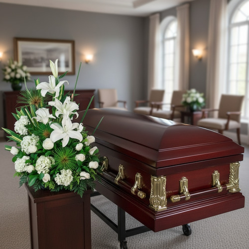 Ataúd de madera oscura con herrajes dorados junto a arreglo floral blanco en una sala de velatorio elegante