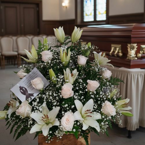Arreglo floral fúnebre con rosas y lirios blancos frente a un ataúd de madera en una sala velatoria