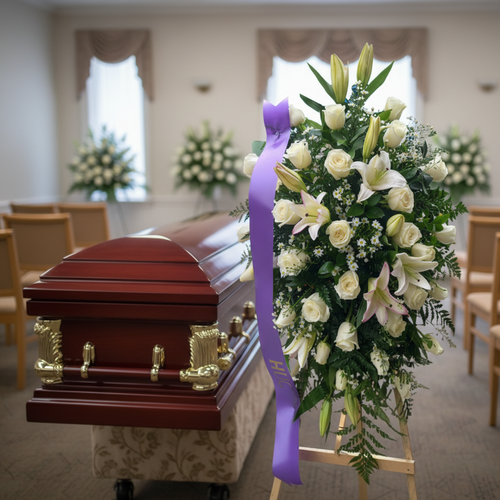 Ataúd de madera barnizada con herrajes dorados junto a un gran arreglo de flores blancas con cinta morada en una sala de velatorio