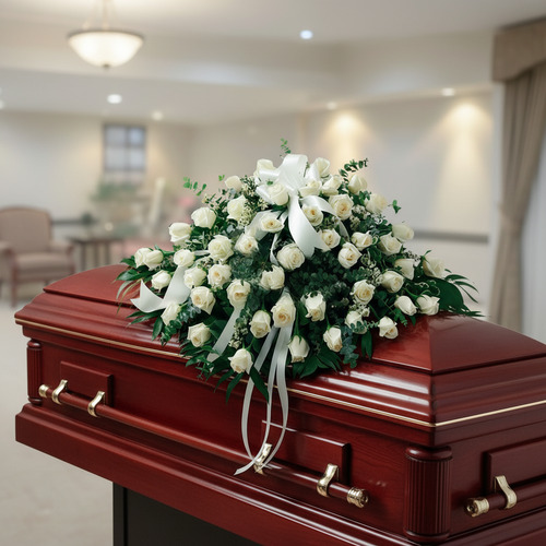 Arreglo de rosas blancas con lazos sobre un ataúd de madera barnizada en una sala velatoria iluminada