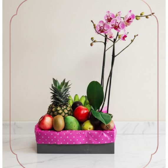 Arreglo ANTONELLO: Orquídea Phalaenopsis y Frutas Selectas para Regalar Arreglo ANTONELLO con orquídea Phalaenopsis rosa y frutas frescas como piña, manzanas, kiwis y mangos, presentado en una caja