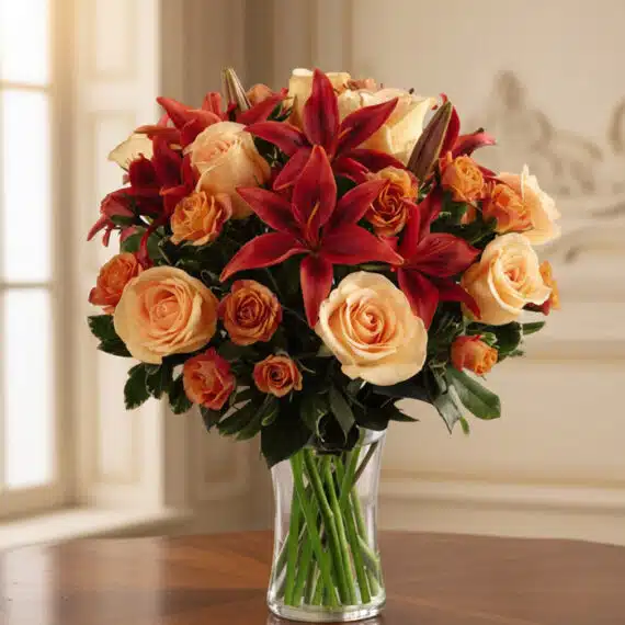 Arreglo Floral ALESSANDRA: Rosas Naranjas y Lirios Frescos para Regalar Arreglo Floral ALESSANDRA con rosas naranjas y lirios frescos en un jarrón de cristal, sobre una mesa de madera oscura con un