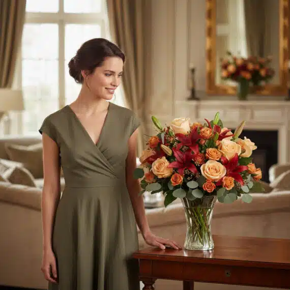 Mujer elegante admirando un arreglo floral ALESSANDRA con rosas naranjas, lirios rojos y eucalipto en un jarrón de cristal, s