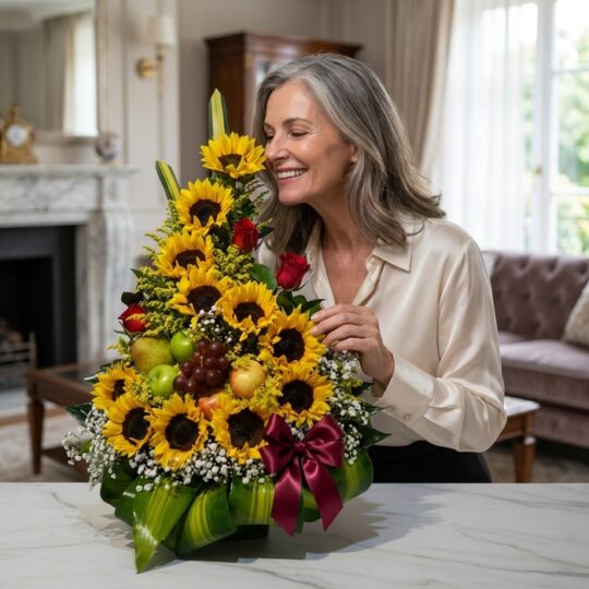 Mujer elegante de cabello gris admirando y oliendo un Arreglo Floral Dorado con girasoles, rosas rojas, uvas y manzanas verde