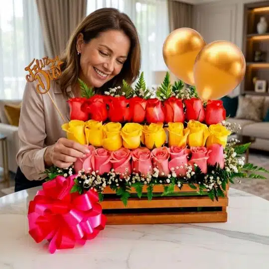 Mujer sonriente admirando un Arreglo Floral Escala con rosas rojas, amarillas y rosadas, un moño fucsia y globos dorados, en