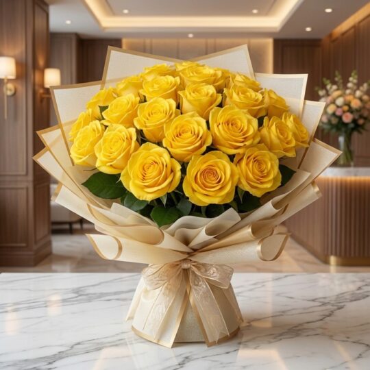 Arreglo floral Evelina con 24 rosas amarillas vibrantes, empaque coreano dorado y lazo, sobre mesa de mármol en un lobby de h