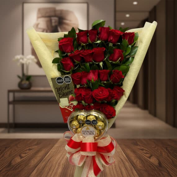 Arreglo Floral Exótico Mi Flechazo: Rosas Rojas y Ferrero Rocher Arreglo floral Mi Flechazo con rosas rojas frescas y bombones Ferrero Rocher, ideal para regalar en ocasiones especiales.