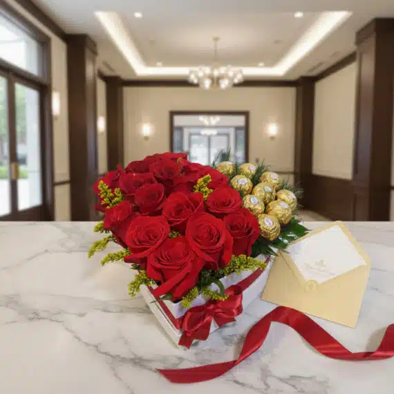 Arreglo floral de rosas rojas y chocolates Ferrero Rocher en caja blanca, con cinta roja y sobre dorado, sobre mármol.