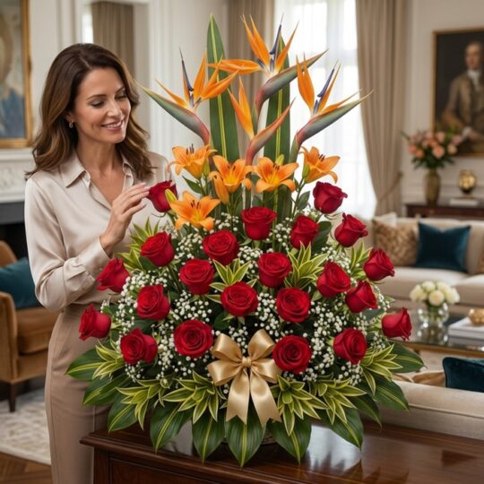 Mujer elegante admirando con deleite el Arreglo Floral Exótico Tucana, con rosas rojas, lirios naranjas y aves del paraíso, e