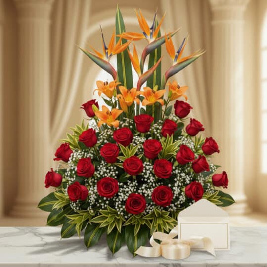 Arreglo floral exótico Tucana con rosas rojas, lirios naranjas y aves del paraíso, sobre mármol, listo para regalo.