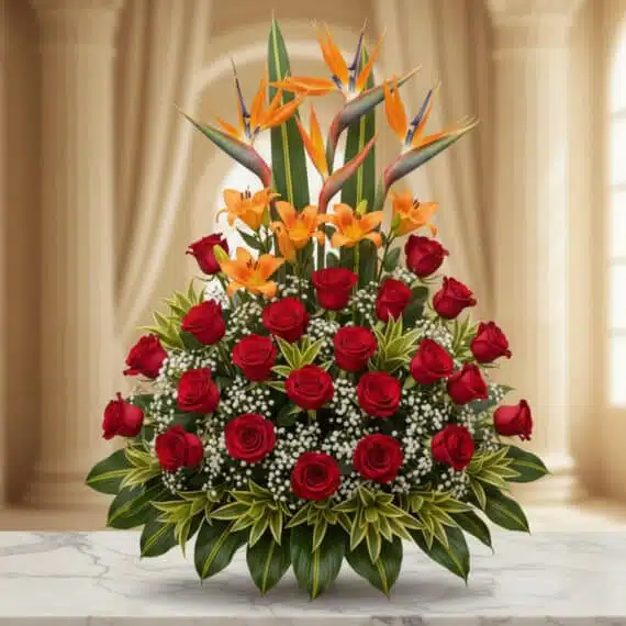 Arreglo Floral Exótico Tucana: Rosas Rojas, Lirios y Aves del Paraíso Arreglo floral exótico Tucana con rosas rojas, lirios naranjas y aves del paraíso, sobre mármol en un lobby elegante.