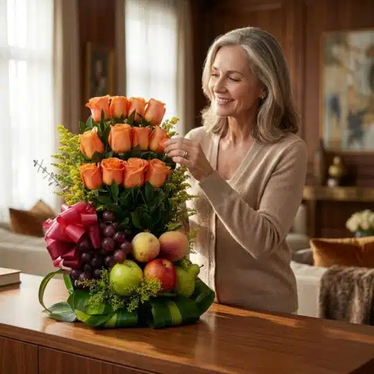 Mujer elegante de mediana edad admirando un arreglo floral con rosas naranjas, uvas, manzanas y peras, en un lujoso interior
