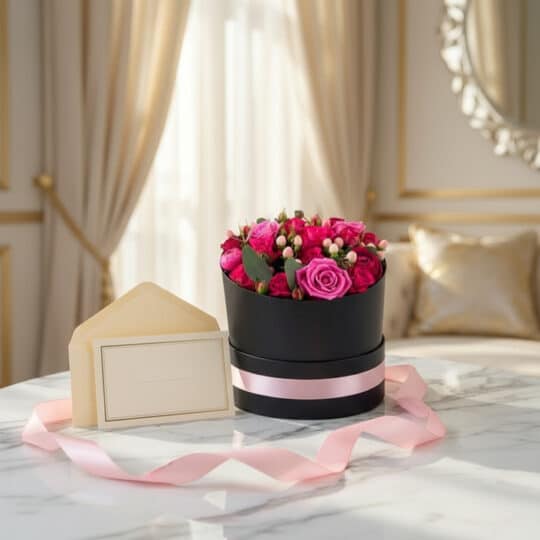 Arreglo floral LILIAN con rosas lila y rojas en caja negra, tarjeta de regalo y cinta rosa sobre mármol.