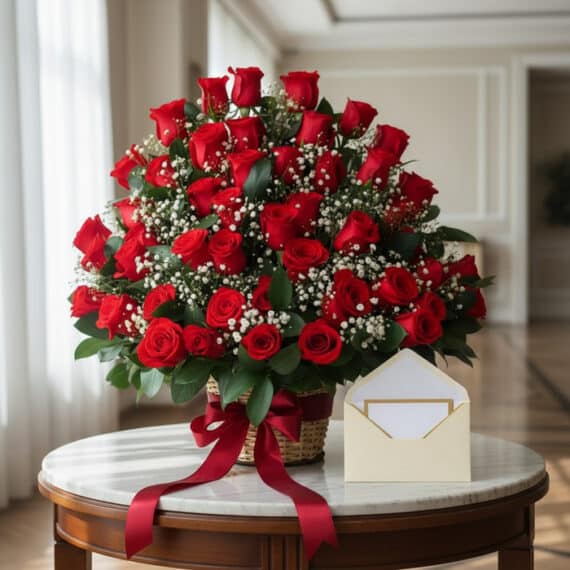 Impresionante arreglo floral 'Quiero Amarte' con docenas de rosas rojas frescas y follaje verde, presentado en una cesta de m