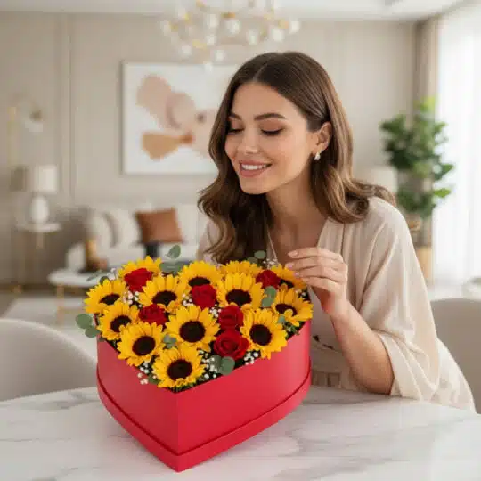 Mujer joven sonriente admirando un arreglo floral en forma de corazón con girasoles y rosas rojas, sobre una mesa de mármol e