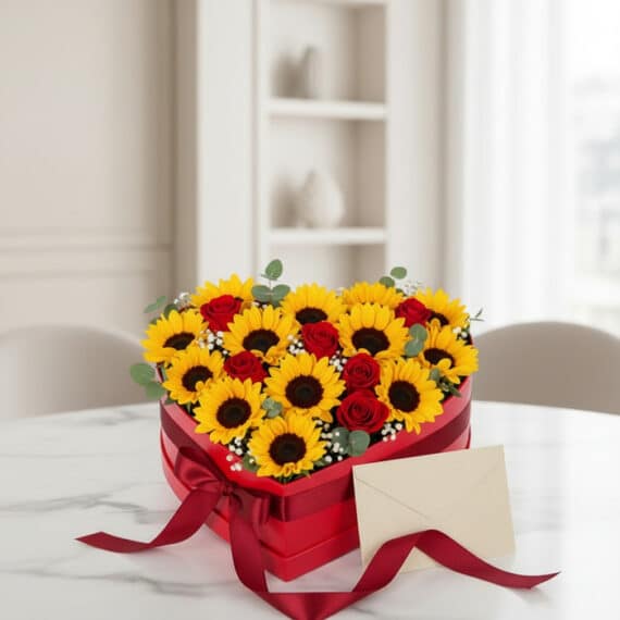 Arreglo floral RINA en forma de corazón con girasoles vibrantes y rosas rojas, presentado en una caja roja con cinta de satén
