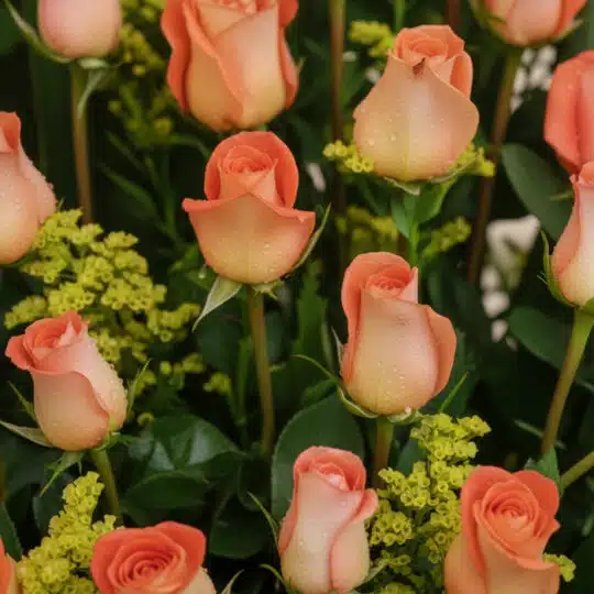 Primer plano extremo de un arreglo floral con rosas color durazno, mostrando texturas hiperrealistas y sutiles gotas de rocío