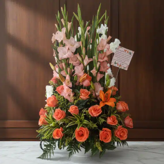 Arreglo Floral Suspiro: Elegancia y Frescura para Toda Ocasión Arreglo floral Suspiro con gladiolos rosados y blancos, rosas naranjas y lirios, sobre una superficie de mármol en un entorno
