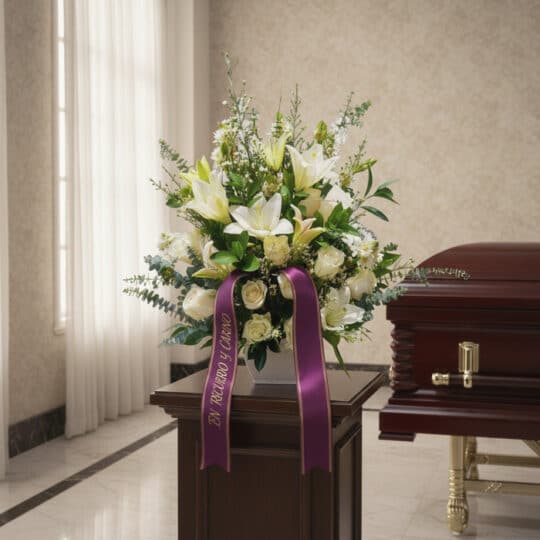 Arreglo floral fúnebre perpetuo con lirios blancos, rosas y follaje verde, adornado con una cinta morada que dice 'EN RECUERD
