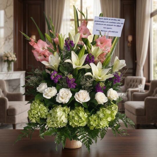 Arreglo fúnebre Te Fuiste con lirios blancos, gladiolos rosas, rosas blancas y hortensias verdes, en sala de velación premium