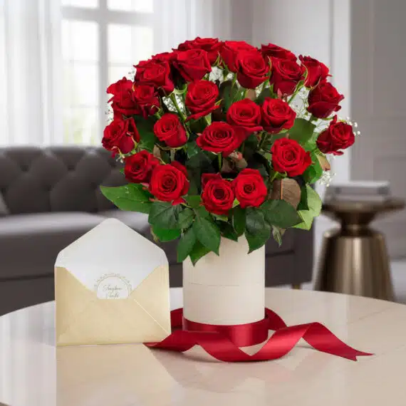 Arreglo floral JIANNA con 25 rosas rojas frescas en jarrón blanco, tarjeta de regalo dorada y cinta de satén rojo sobre mesa