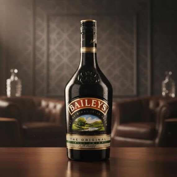 Botella de Baileys Original 375ml: Licor de Crema Irlandesa Premium Botella de Baileys Original de 375ml con gotas de condensación, sobre una mesa de madera pulida, con un fondo elegante de cue