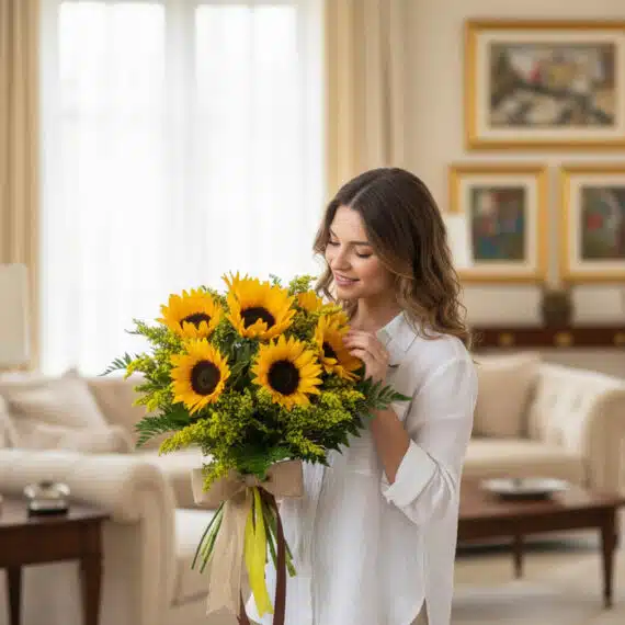 Mujer joven y elegante con camisa blanca admira un gran bouquet de girasoles frescos y radiantes, atado con un lazo de yute,