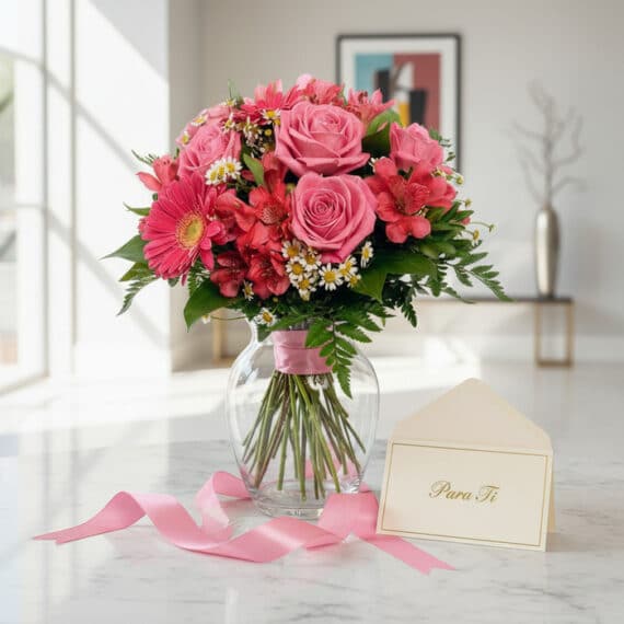 Bouquet ORLENA con rosas rosadas, gerberas y alstroemerias en jarrón de cristal, sobre mármol blanco con tarjeta 'Para Ti' y