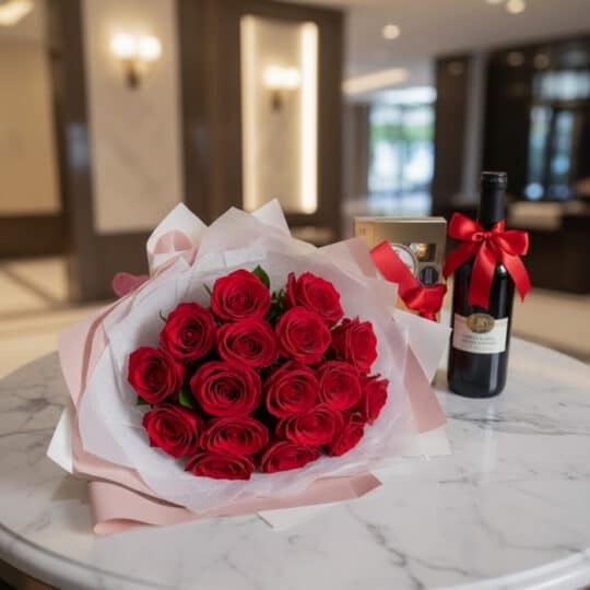 Elegante bouquet de 18 rosas rojas abiertas con empaque coreano, caja de chocolates y botella de vino tinto, sobre mesa de má