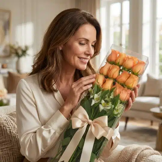 Mujer elegante de mediana edad sonriendo y admirando una caja transparente con 12 rosas salmón y follaje verde, atada con un