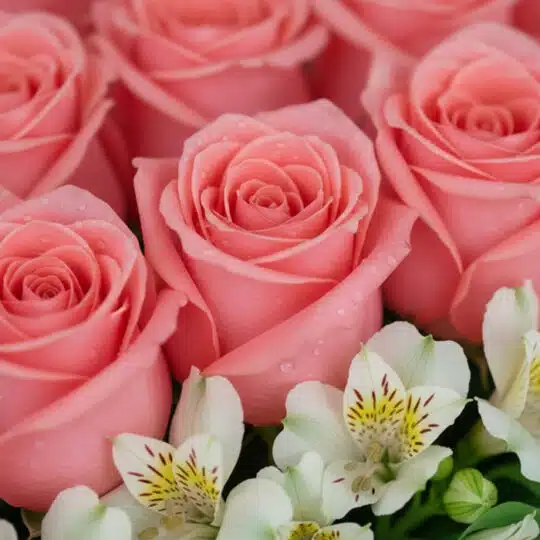 Primer plano extremo de una caja de 24 rosas rosadas frescas con gotas de rocío, mostrando texturas hiperrealistas y alstroem