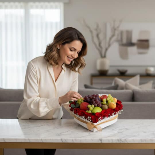 Mujer elegante admirando un arreglo floral de lujo con rosas rojas y frutas frescas en una caja en forma de corazón, sobre un