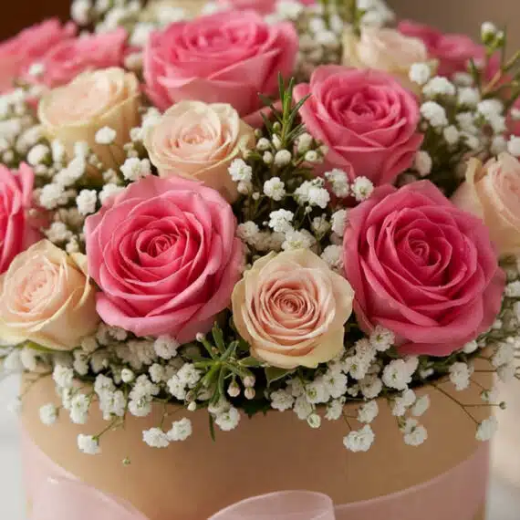 Primer plano extremo de la Caja Floral GIADA, mostrando la textura hiperrealista de rosas rosadas y crema con sutiles gotas d