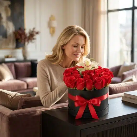 Mujer rubia elegante sonriendo y oliendo una caja redonda negra de rosas rojas con un lazo rojo y una orquídea blanca, en un