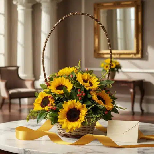 Canasta floral de mimbre con 12 girasoles vibrantes, follaje verde y bayas rojas, sobre una mesa de mármol con una cinta dora