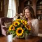 Mujer elegante sonriendo y admirando una canasta floral con 12 girasoles, bayas rojas y follaje verde en un lujoso interior d