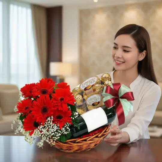 Mujer joven sonriendo y admirando una canasta de regalo con gerberas rojas, vino y chocolates Ferrero Rocher, en un hogar de