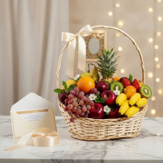 Canasta de mimbre con frutas frescas variadas como uvas, manzanas, naranjas, kiwis, fresas, plátanos y piña, decorada con un